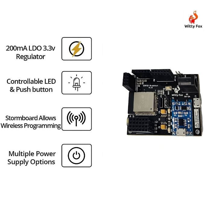 Witty Fox - ESP32 Storm Board with Support for Battery Charging & Wireless Programming