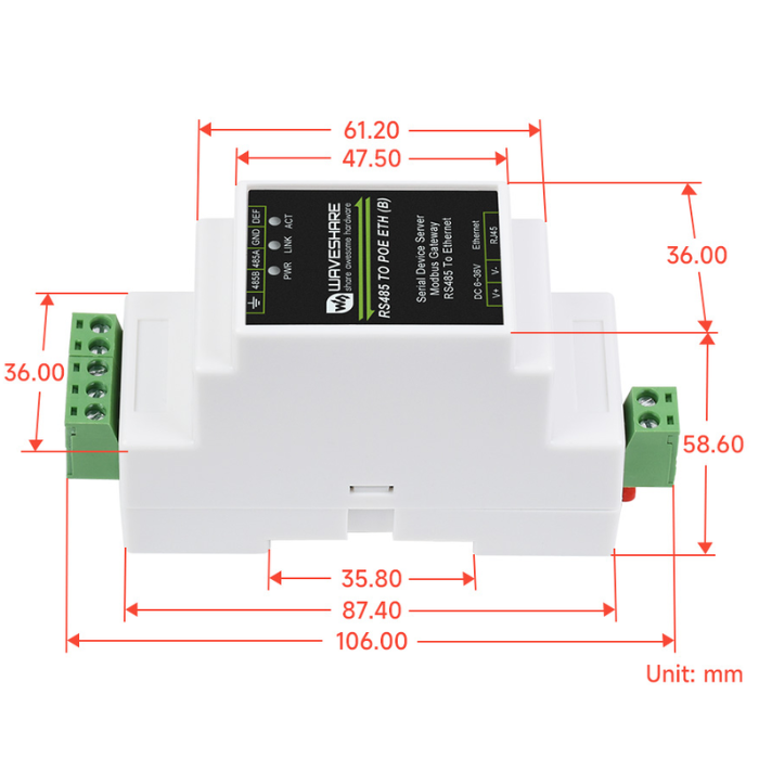 Waveshare RS485 to RJ45 Ethernet Industrial Serial Server with POE Function (Optional)