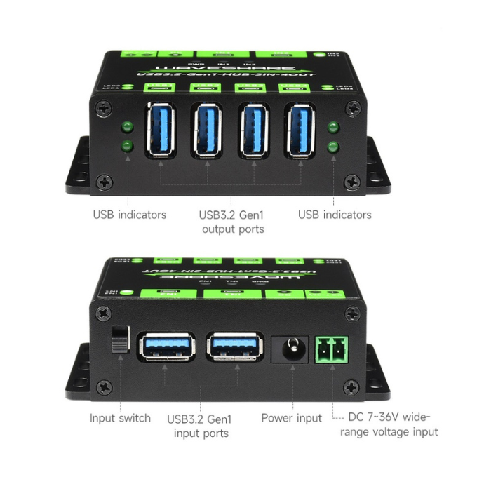 Waveshare Industrial Grade USB HUB Extending 4x USB 3.2 Ports with Switchable Dual Hosts