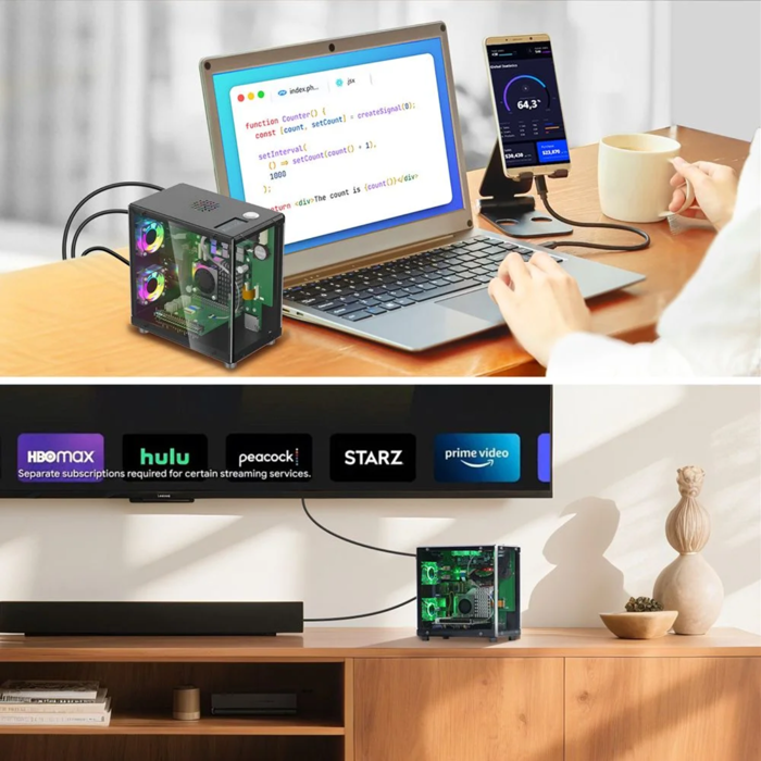 Elecrow Pitower Gen 1 Raspberry Pi 5 Mini PC Case With 3 Fans and 1.3” OLED Screen