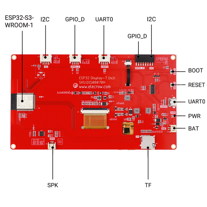 ELECROW ESP32 display 7.0 Inch HMI Display 800×480 RGB TFT LCD Touch Screen Compatible with Arduino/LVGL/PlatformIO/ Micropython with Acrylic Case