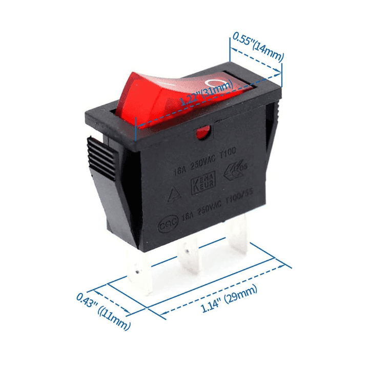 Rocker switch 16A 250V SPDT 3PIN Red LED