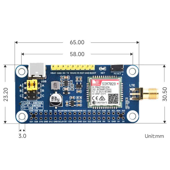 Waveshare SIM7028 NB-IoT HAT for Raspberry Pi with Global Band NB-IoT Communication Support