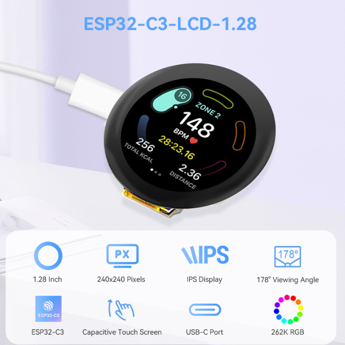 CrowPanel ESP32-C3 1.28 inch Round IPS Display Capacitive Touch SPI Screen