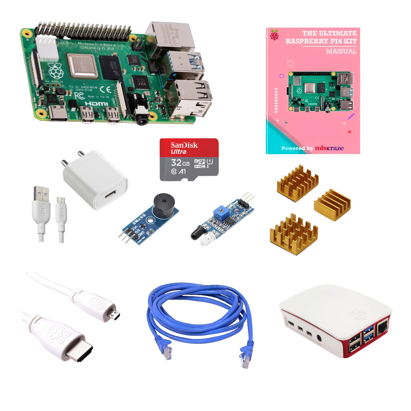 Raspberry Pi4 8GB Model B Ultimate Kit- Case, Power Adapter, Heatsink, HDMI Cable, Ethernet Cable, 32 GB SD Card, Sensors and Manual
