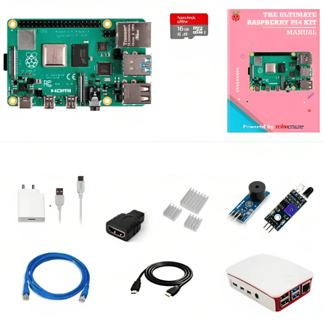 Raspberry Pi4 Model B 2GB Ultimate Kit with Pi4 2GB, Case, Power Adapter, Heatsink, Fan, 32GB SD Card, Sensors, Manual, HDMI and Ethernet Cable