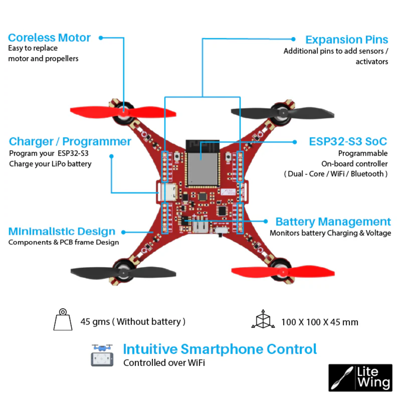 LiteWing ESP32-S3 Programmable Drone Development Board with Battery